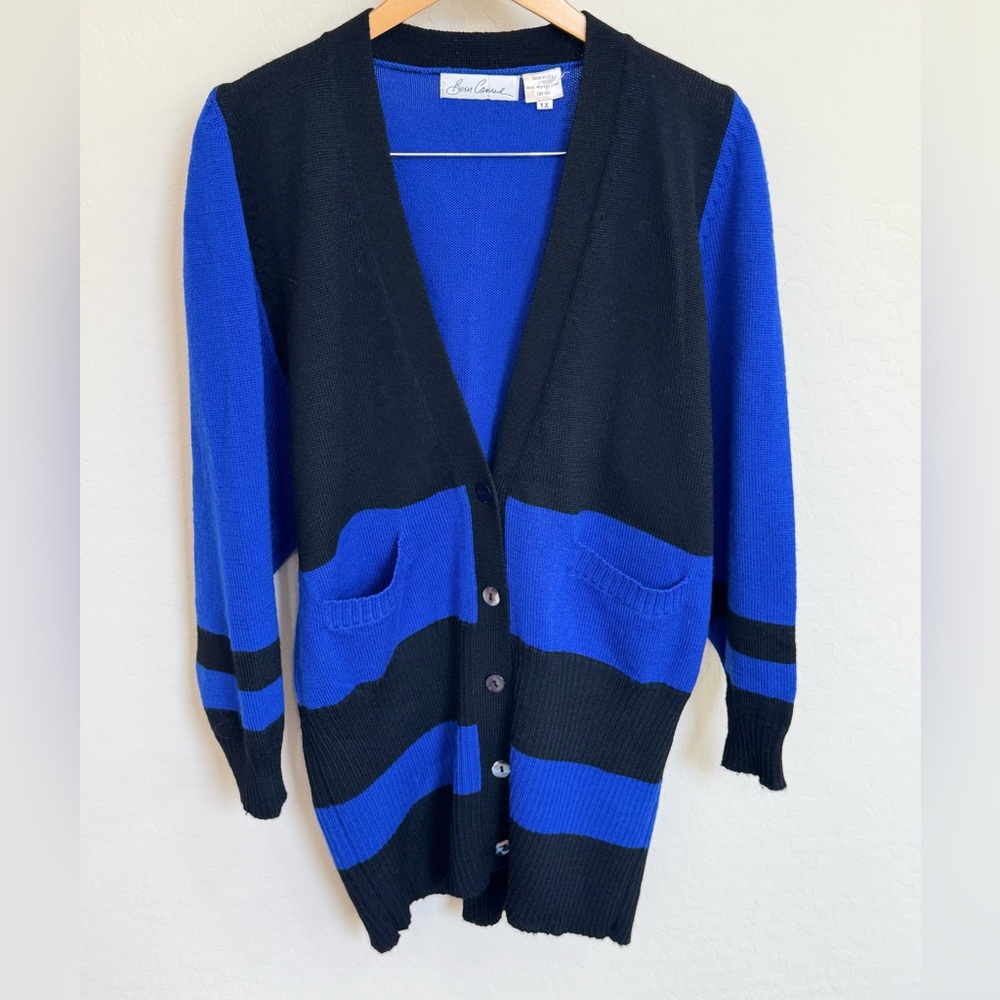 Vintage Bern Conrad 100% Wool Striped Cardigan Sweater Blue Black 1X